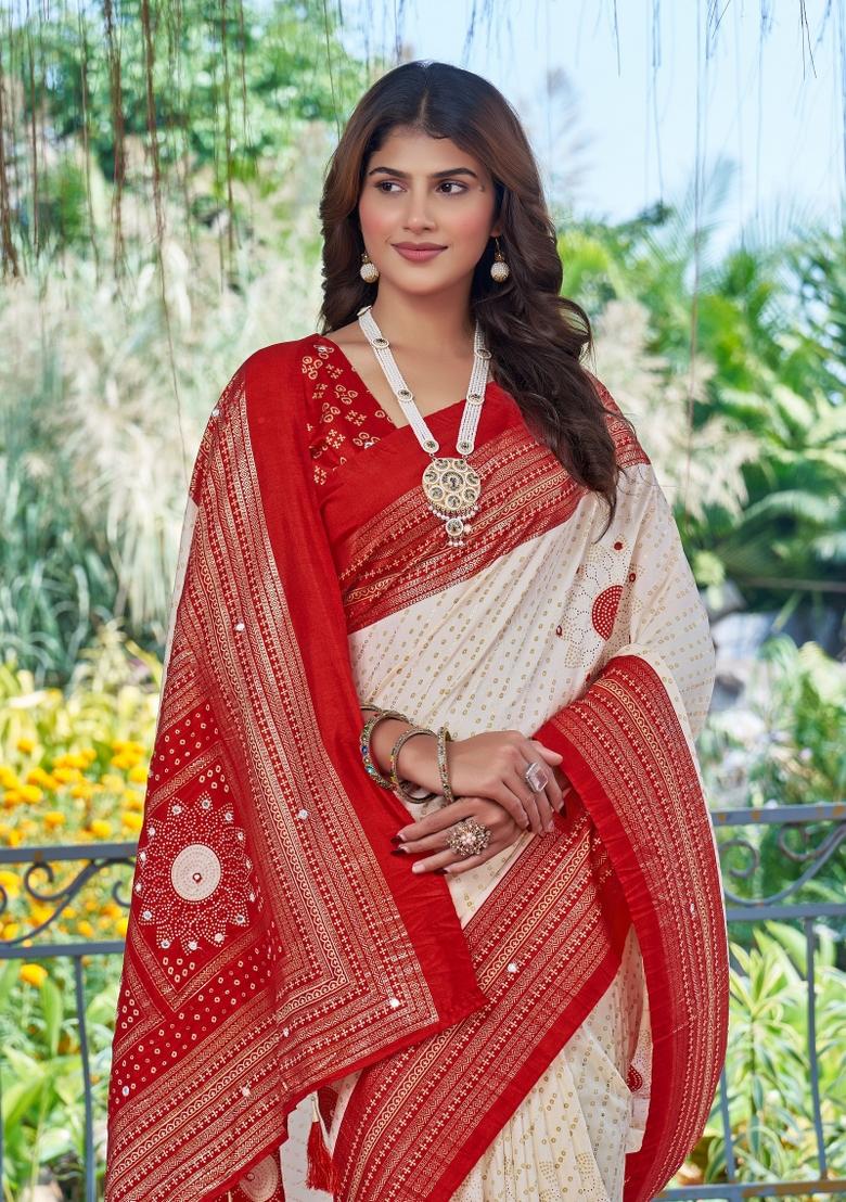 White Bandhej Silk Saree Set - Indya