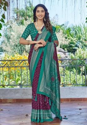 Purple Bandhej Silk Saree Set