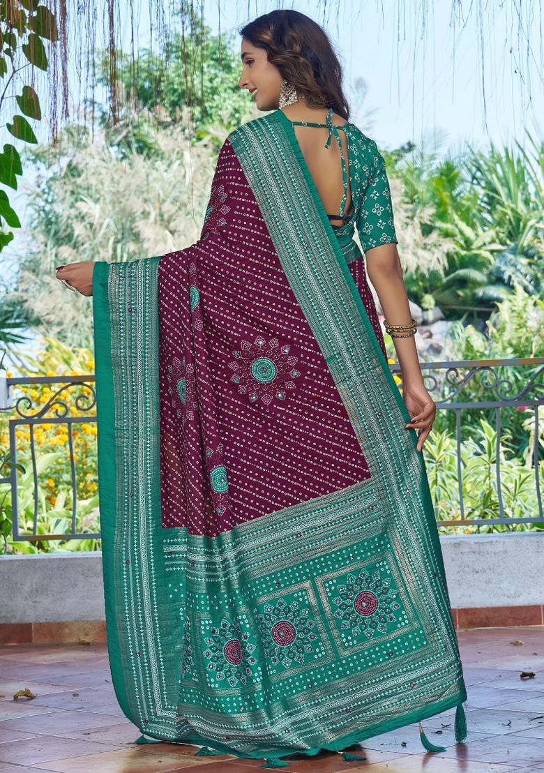 Purple Bandhej Silk Saree Set - Indya