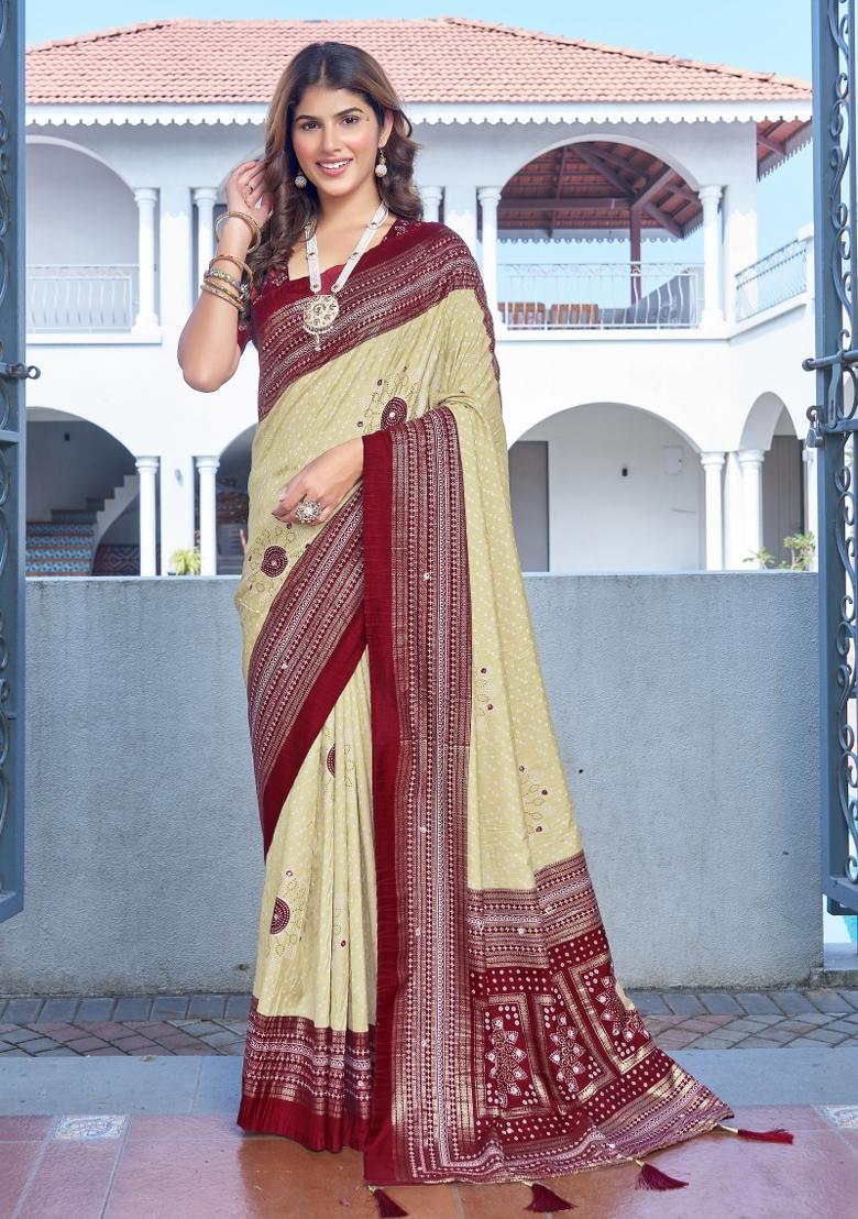 Beige Bandhej Silk Saree Set - Indya