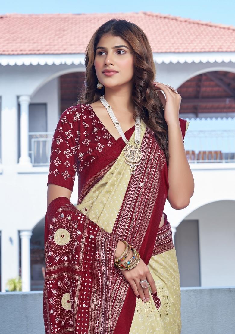 Beige Bandhej Silk Saree Set - Indya