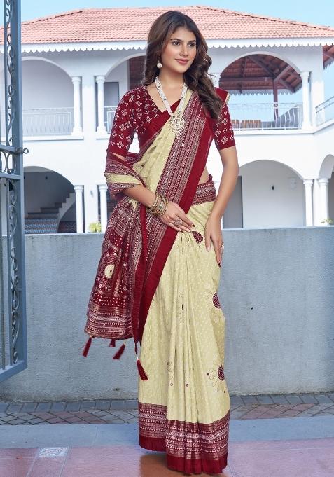 Beige Bandhej Silk Saree Set