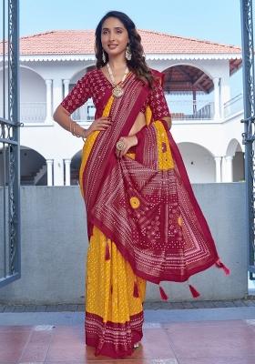 Yellow Bandhej Silk Saree Set