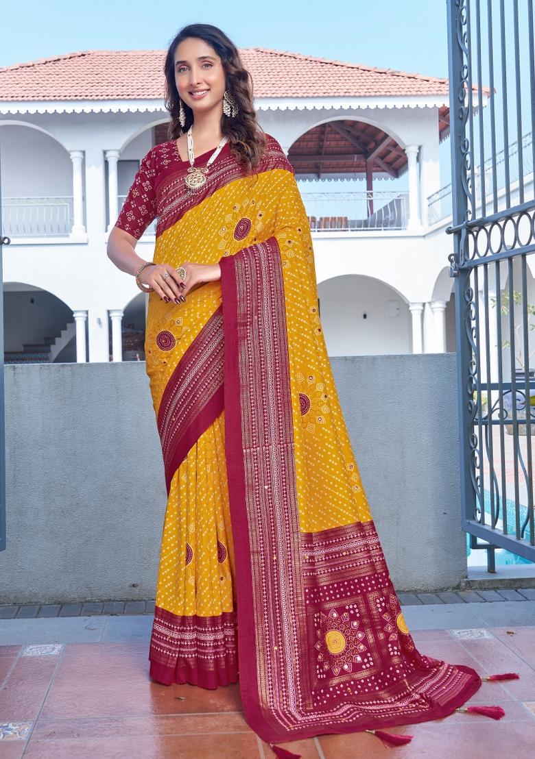Yellow Bandhej Silk Saree Set - Indya