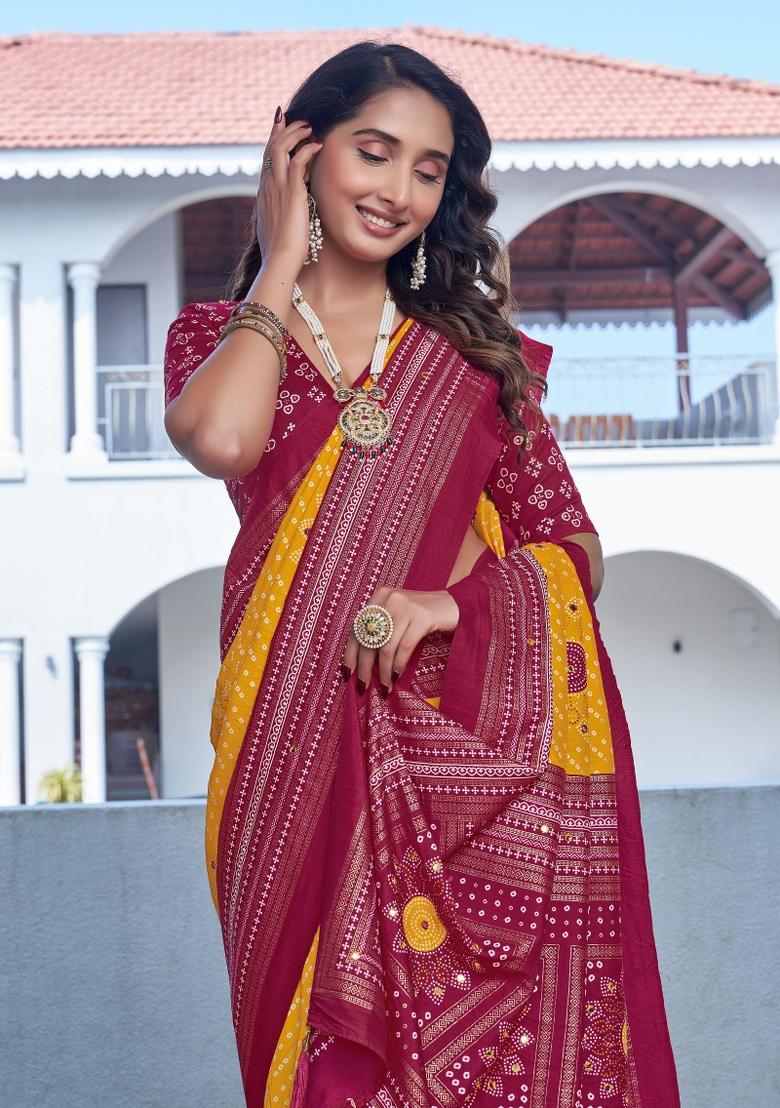 Yellow Bandhej Silk Saree Set - Indya