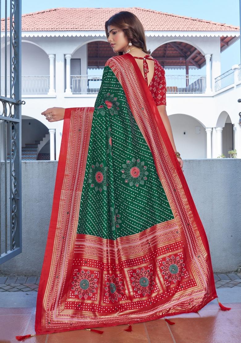 Green Bandhej Silk Saree Set - Indya