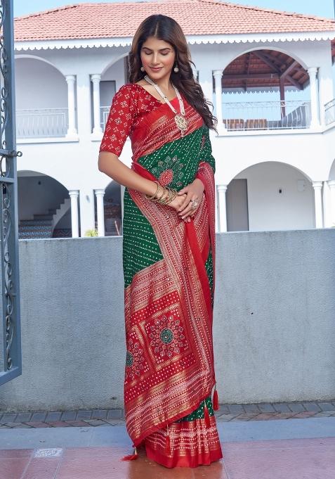 Green Bandhej Silk Saree Set