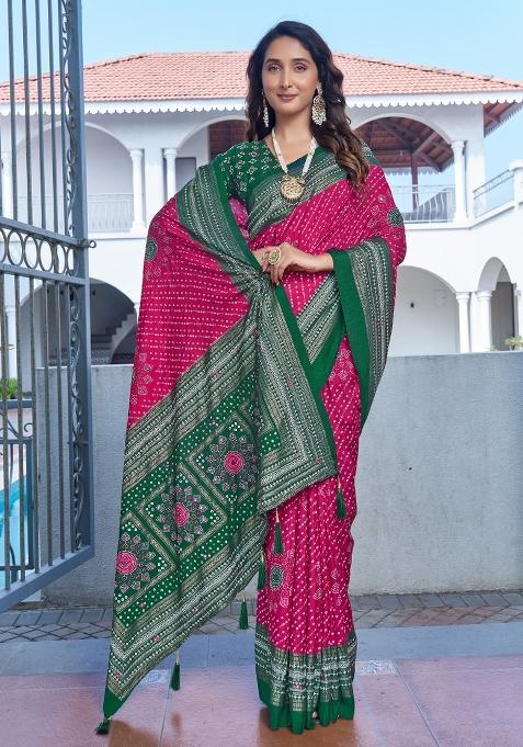 Pink Bandhej Silk Saree Set