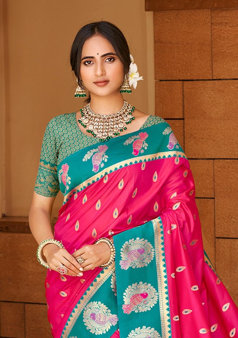 Pink Zari Work Silk Saree Set - Indya