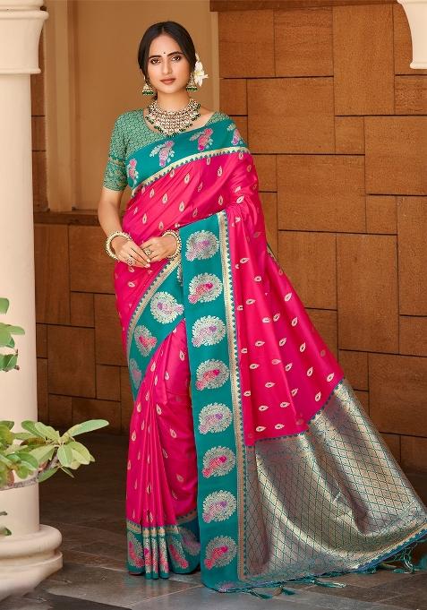 Pink Zari Work Silk Saree Set