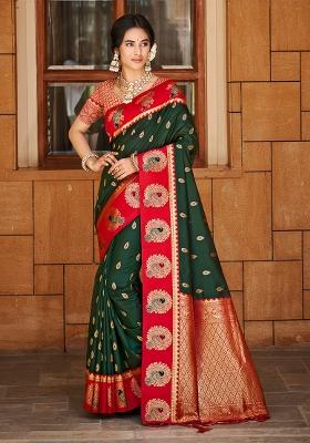 Dark Green Zari Work Silk Saree Set