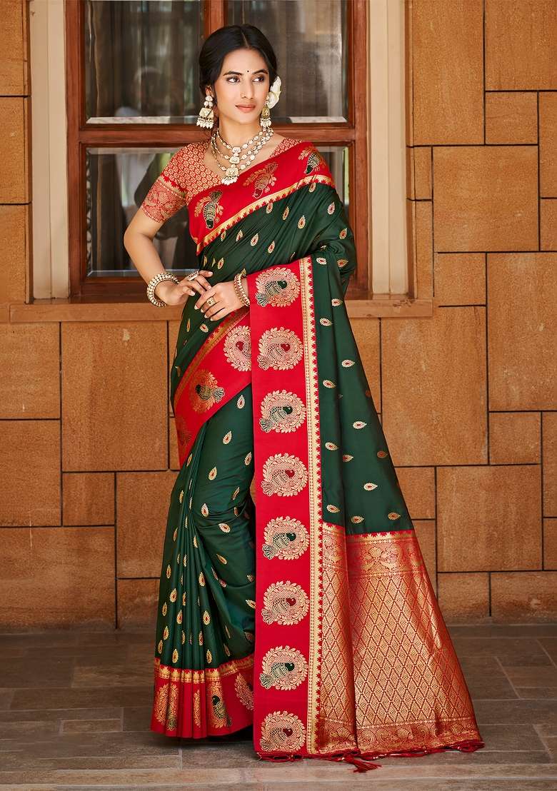 Dark Green Zari Work Silk Saree Set for Diwali and Festive Wear - Indya