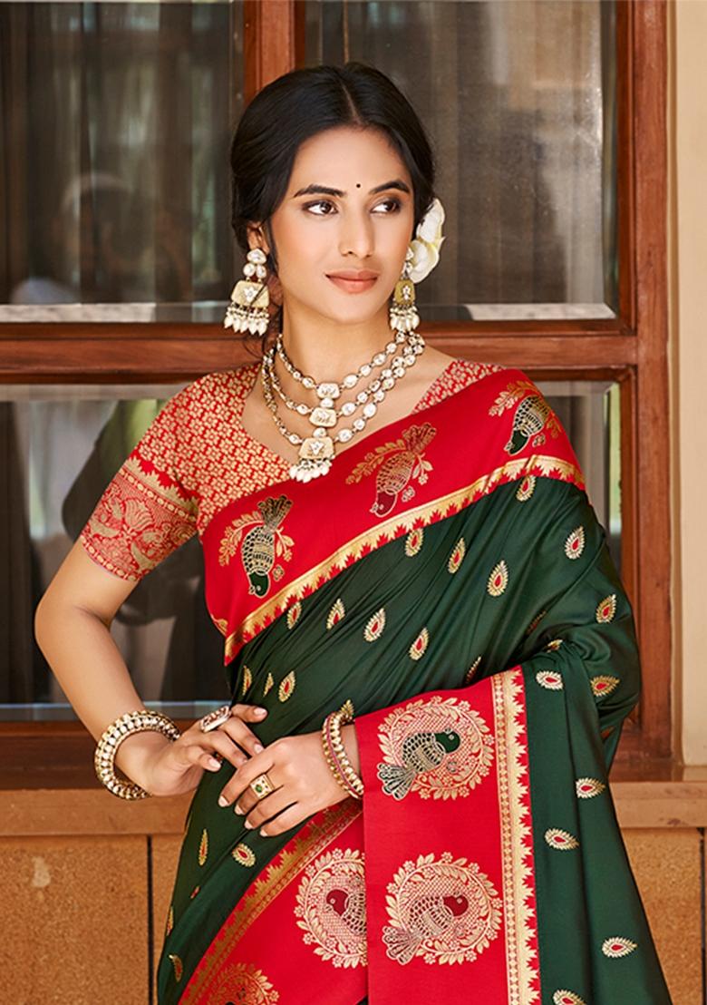 Dark Green Zari Work Silk Saree Set - Indya
