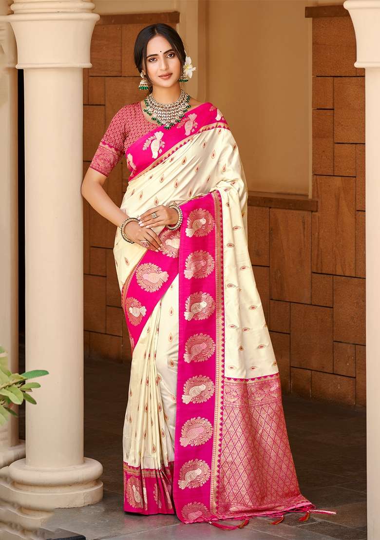 Beige Zari Work Silk Saree Set for Diwali and Festive Wear - Indya