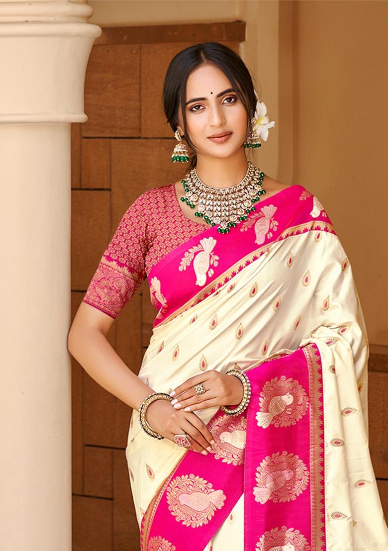Beige Zari Work Silk Saree Set - Indya