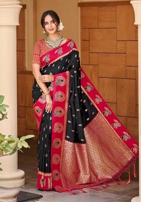 Black Zari Work Silk Saree Set