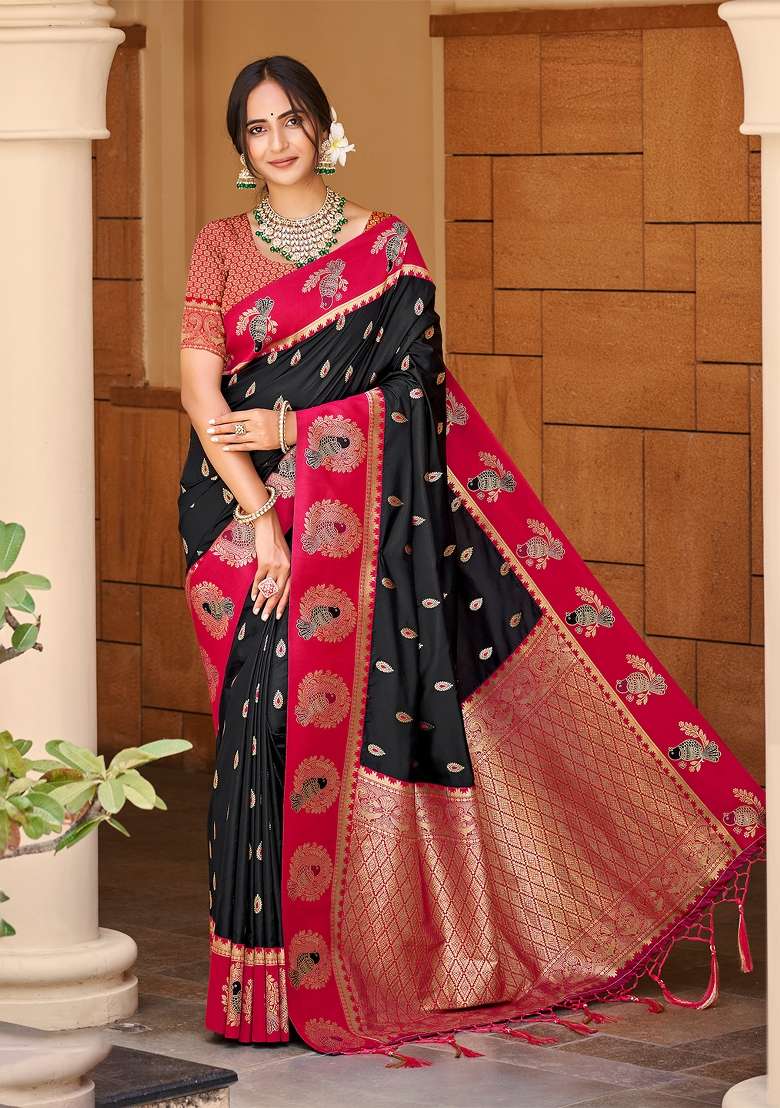 Black Silk Saree Set with Zari Work for Diwali | Wedding & Festive Wear - Indya