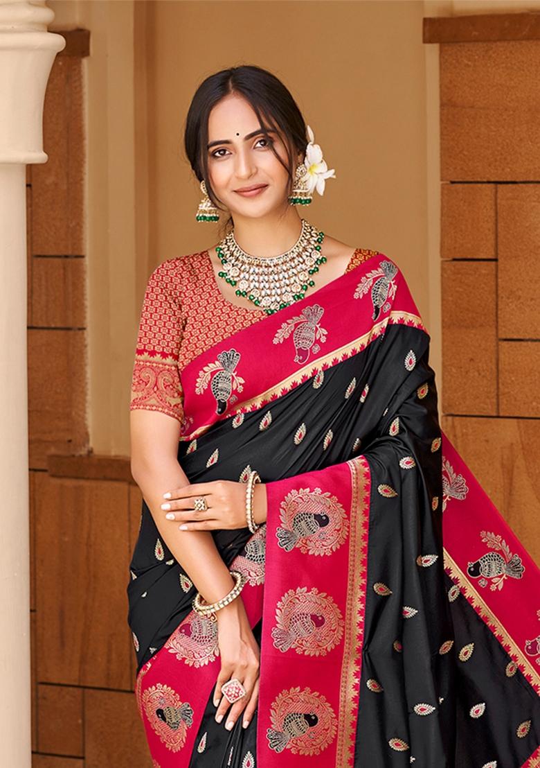Black Zari Work Silk Saree Set - Indya