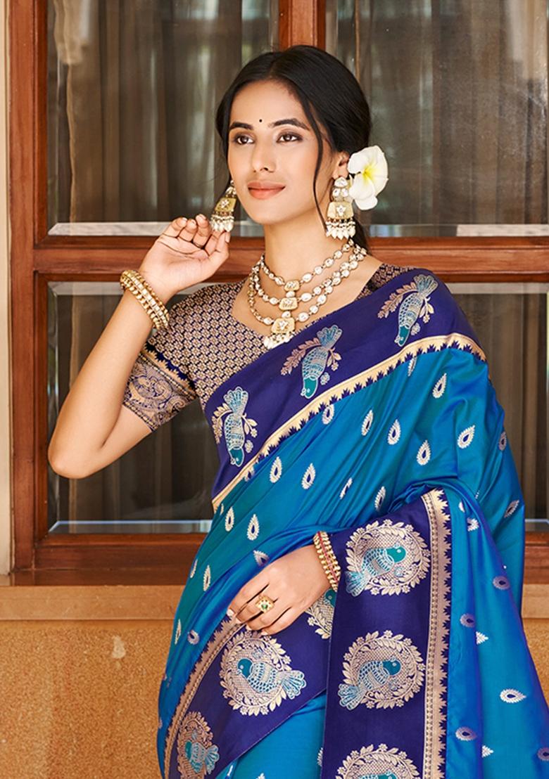 Blue Zari Work Silk Saree Set - Indya