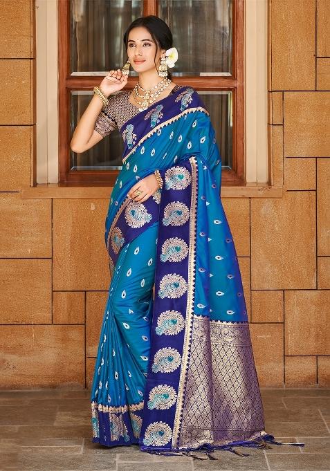 Blue Zari Work Silk Saree Set