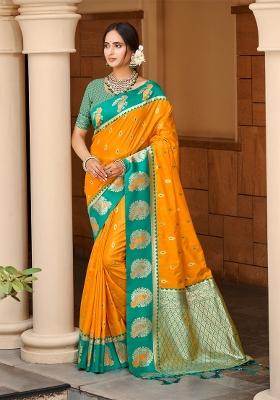 Yellow Zari Work Silk Saree Set