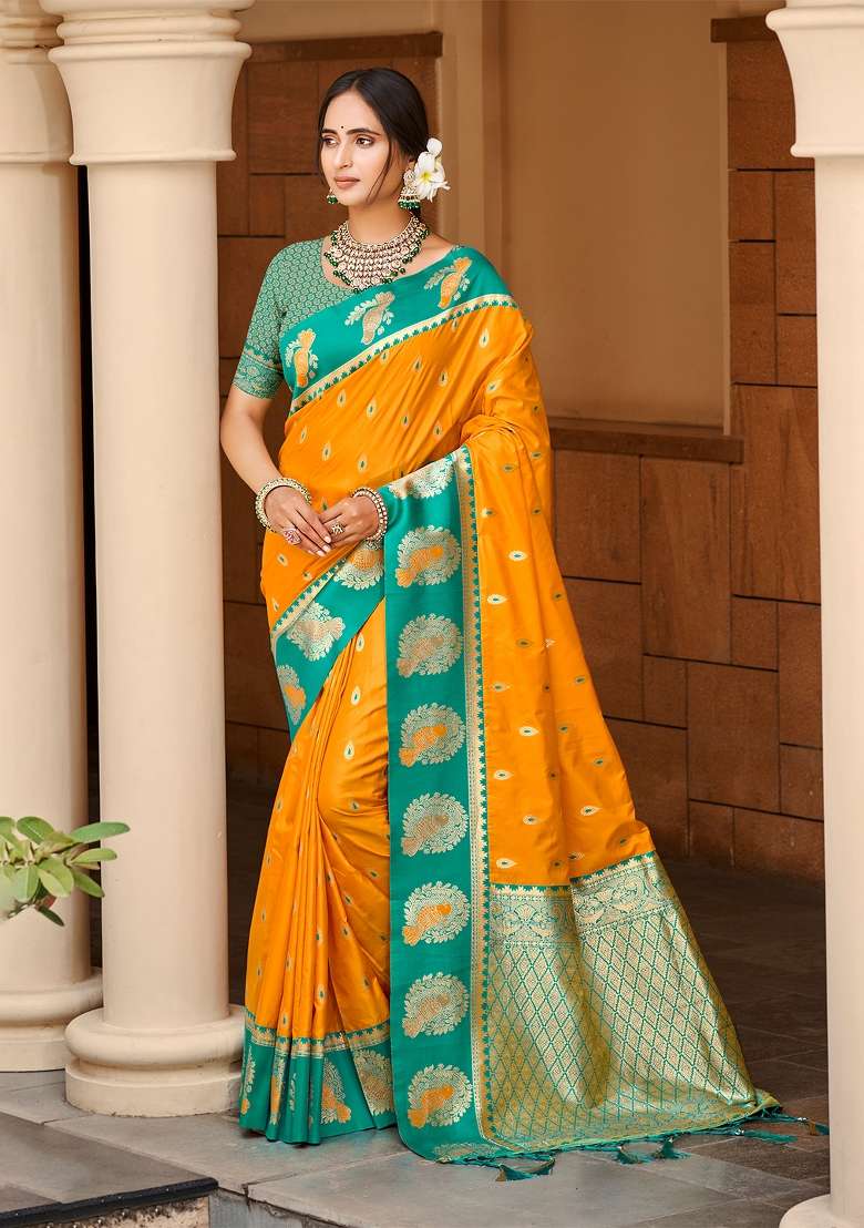 Yellow Silk Saree Set with Zari Work for Diwali | Wedding & Festive Wear - Indya