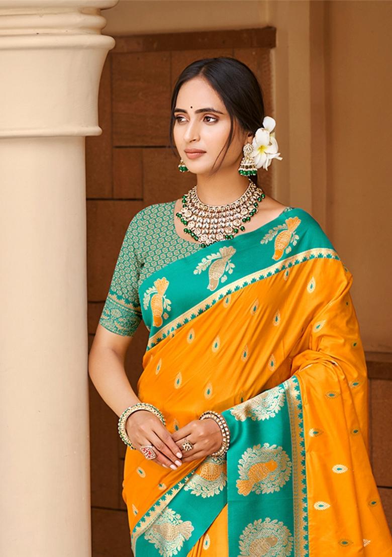 Yellow Zari Work Silk Saree Set - Indya