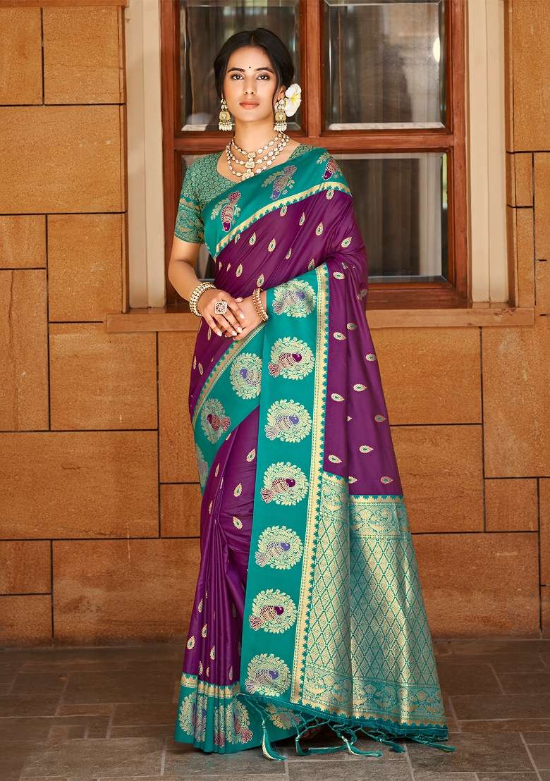 Wine Zari Work Silk Saree Set for Diwali and Festive Wear - Indya