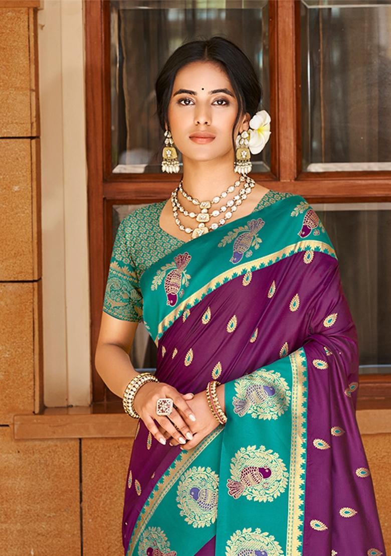 Wine Zari Work Silk Saree Set - Indya