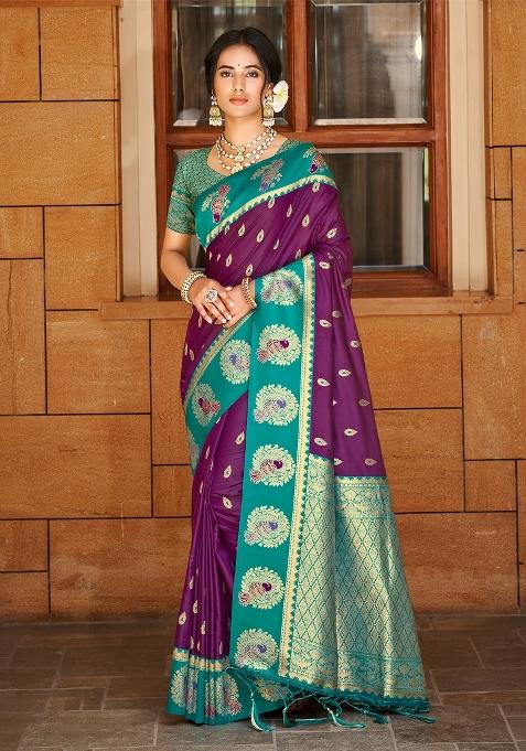 Wine Zari Work Silk Saree Set