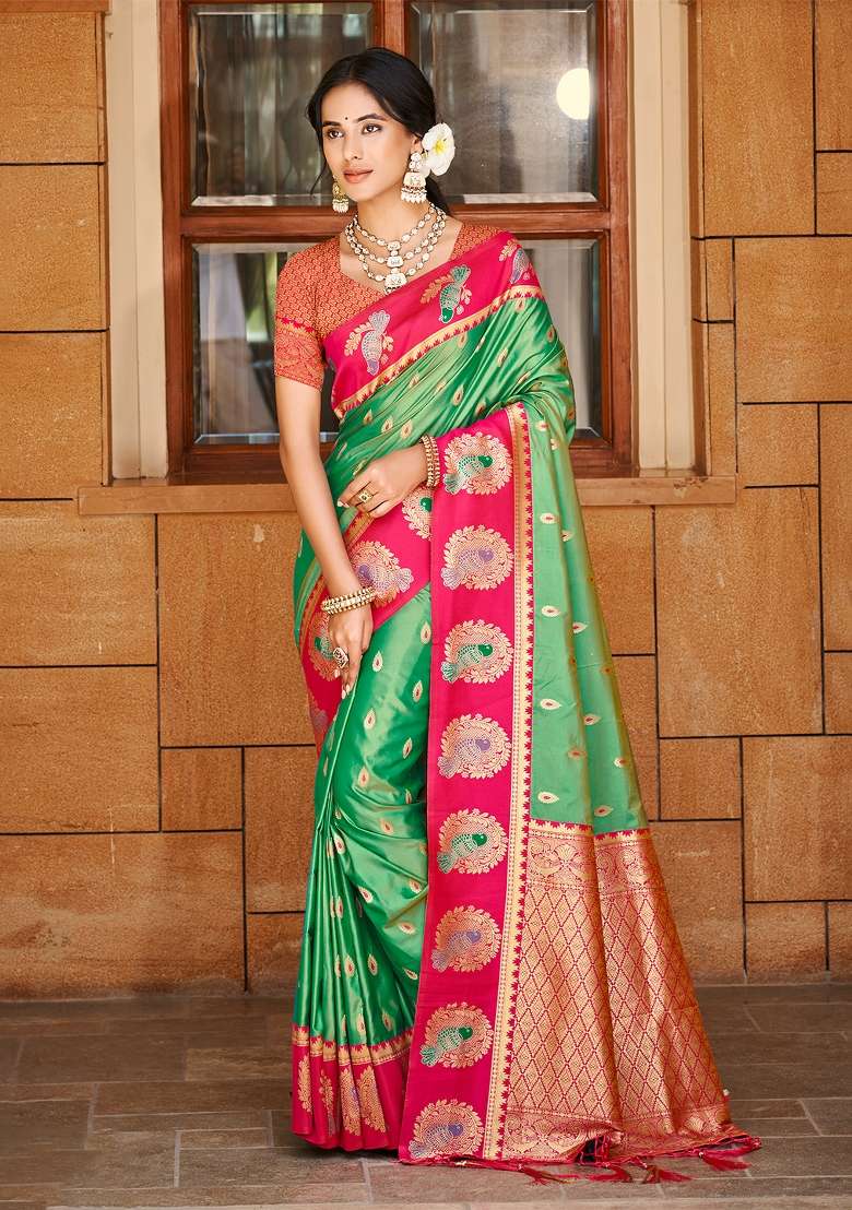 Green Silk Saree Set with Zari Work for Diwali | Wedding & Festive Wear - Indya