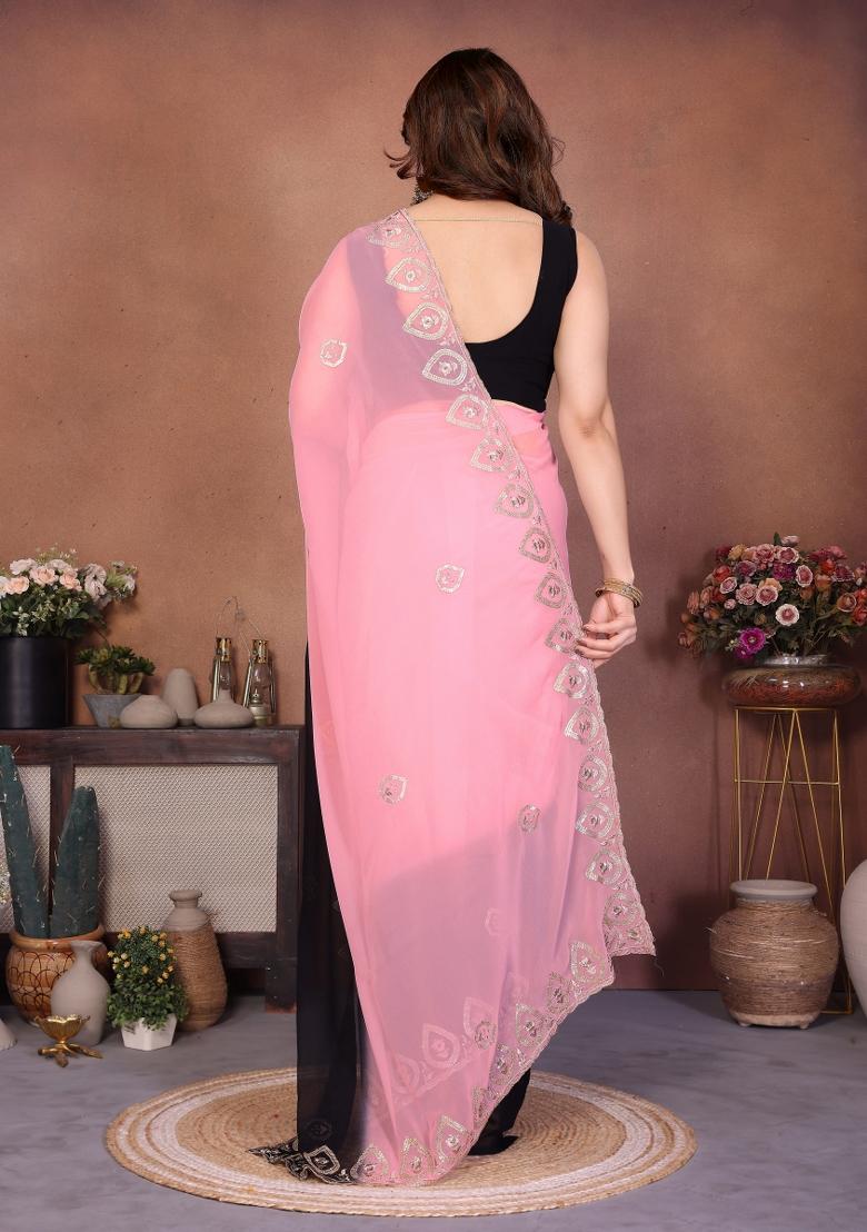 Black Embroidered Silk Saree - Indya