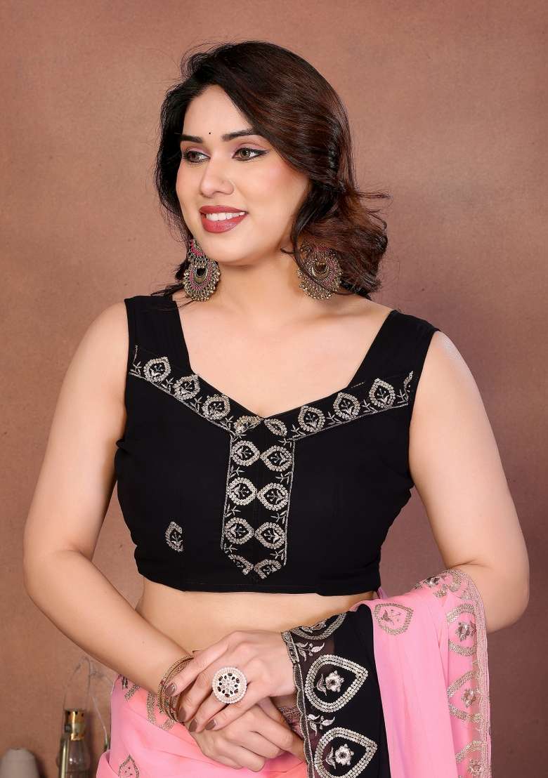 Black Embroidered Georgette Blend Saree for Diwali and Festive Wear - Indya