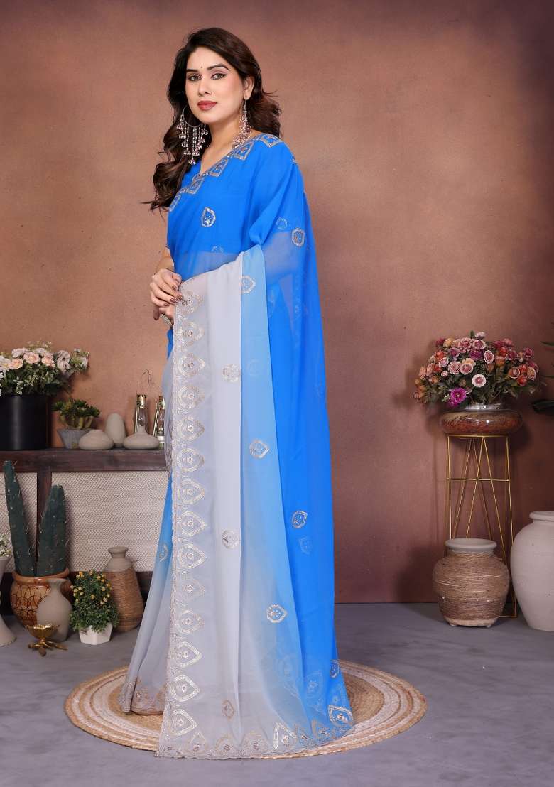 Blue And Grey Embroidered Georgette Blend Saree for Diwali and Festive Wear - Indya