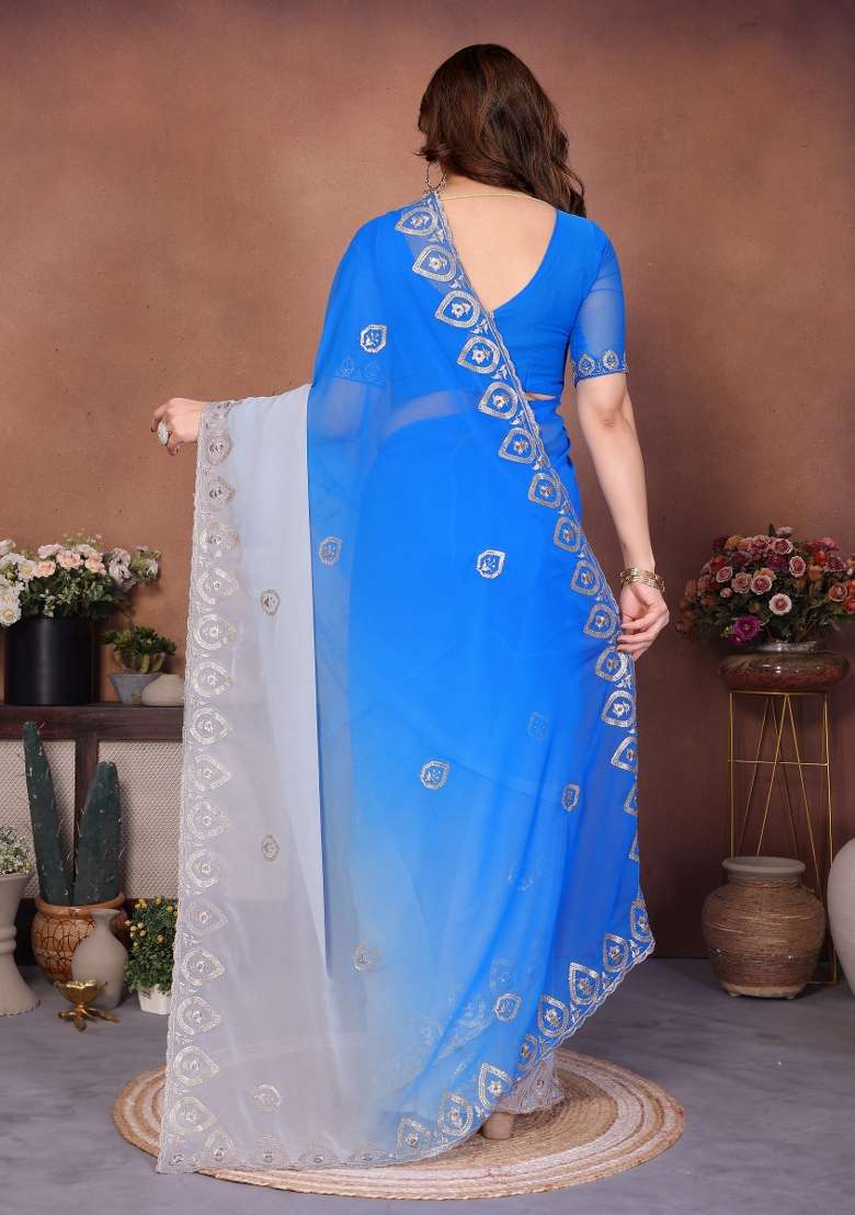 Blue And Grey Embroidered Georgette Blend Saree for Diwali and Festive Wear - Indya