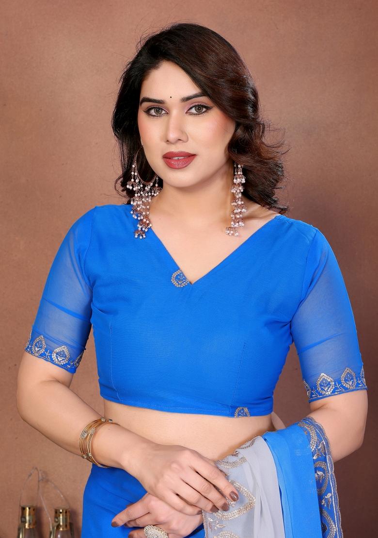 Blue And Grey Embroidered Silk Saree - Indya