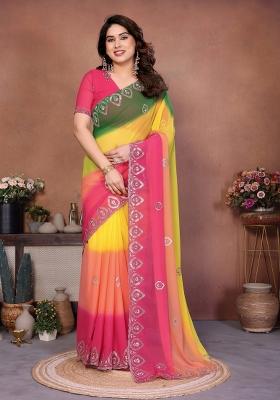 Green And Pink Embroidered Silk Saree