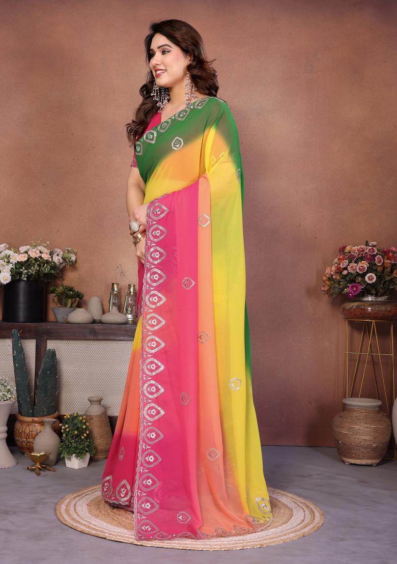 Green And Pink Embroidered Silk Saree - Indya