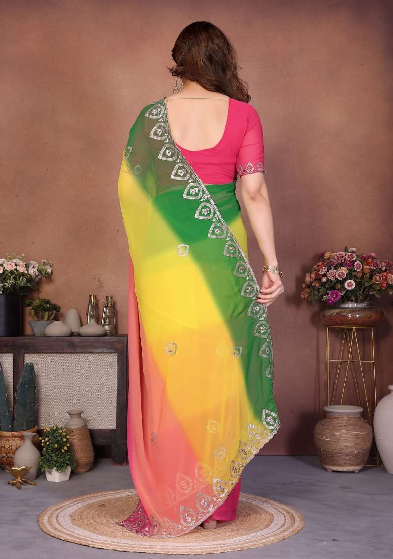 Green And Pink Georgette Blend Saree with Embroidered for Diwali | Wedding & Festive Wear - Indya