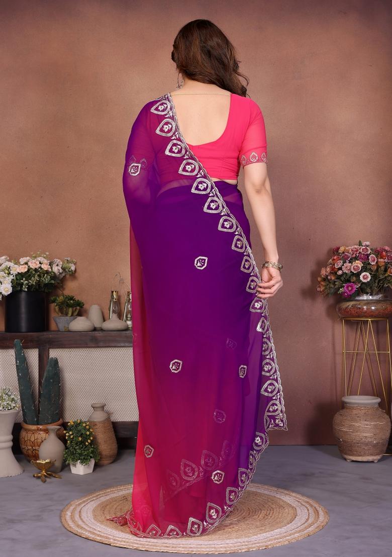 Magenta Embroidered Silk Saree - Indya