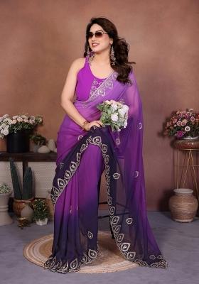 Purple Embroidered Silk Saree