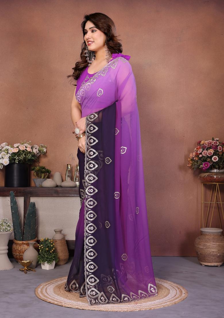 Purple Embroidered Silk Saree - Indya