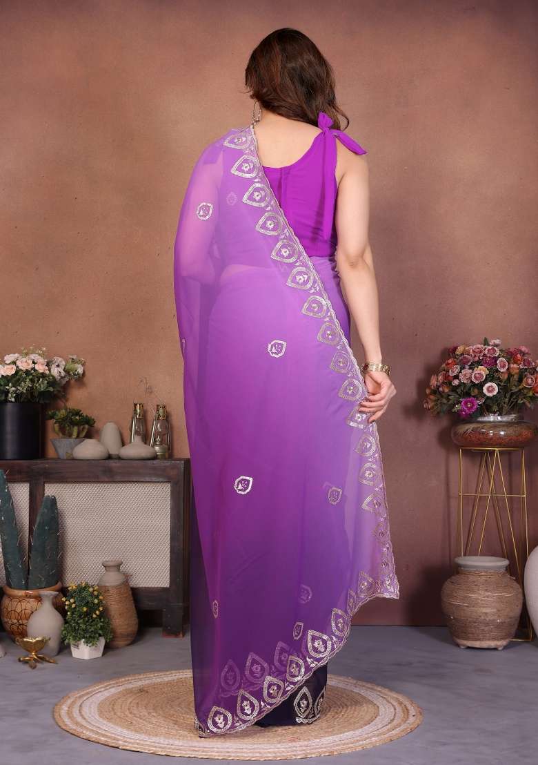 Purple Georgette Blend Saree with Embroidered for Diwali | Wedding & Festive Wear - Indya