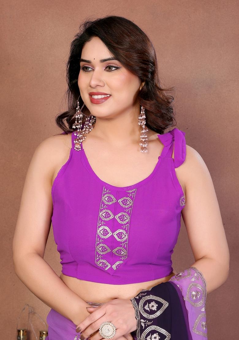 Purple Embroidered Silk Saree - Indya
