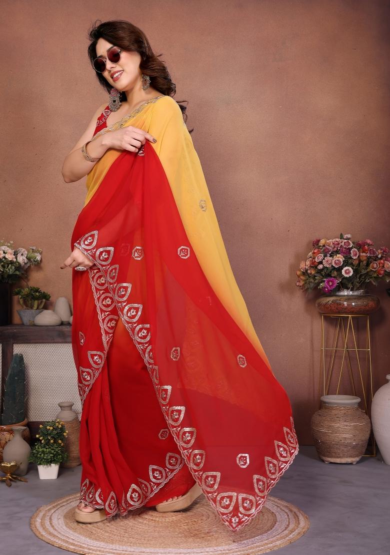 Red Embroidered Silk Saree - Indya