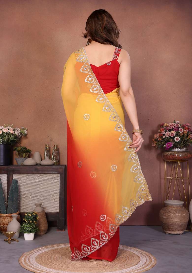 Red Embroidered Georgette Blend Saree for Diwali and Festive Wear - Indya