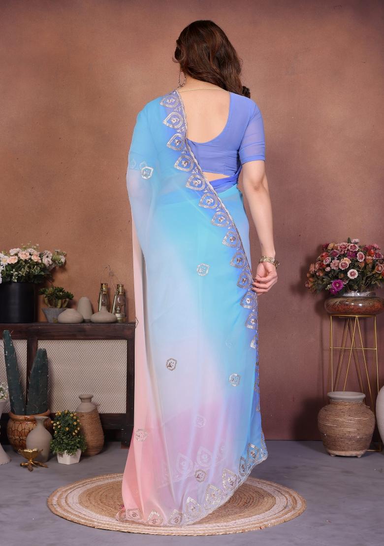 Sky Blue And Pink Embroidered Silk Saree - Indya