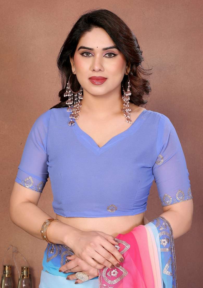 Sky Blue And Pink Georgette Blend Saree with Embroidered for Diwali | Wedding & Festive Wear - Indya