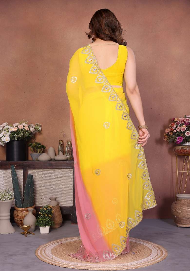 Yellow And Peach Embroidered Georgette Blend Saree for Diwali and Festive Wear - Indya