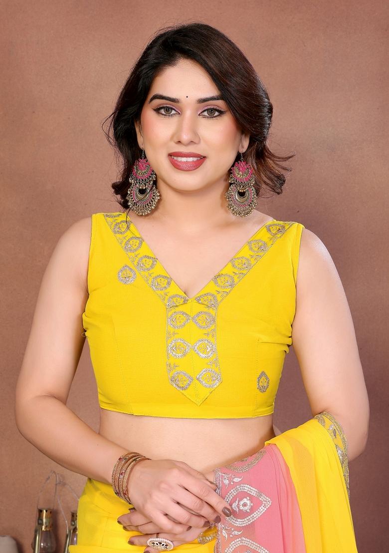 Yellow And Peach Embroidered Silk Saree - Indya